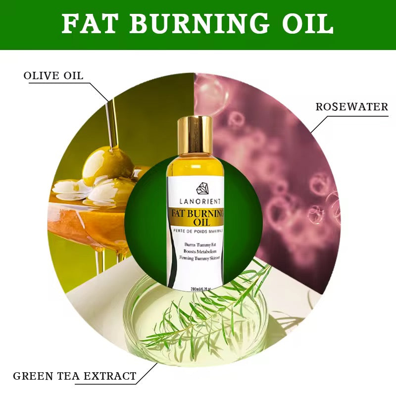 Lanorient Fat Burning Oil helps tone, firm, and hydrate the skin with olive oil, green tea, and rosewater. Perfect for daily massage and body care.